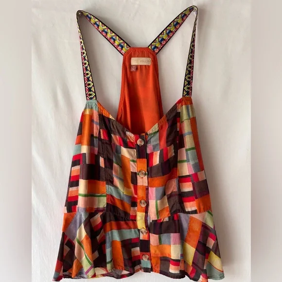 Anthropologie Pilcro Bright Colorful Geometric Racerback Top Peplum Sz M Buttons - Picture 3 of 13